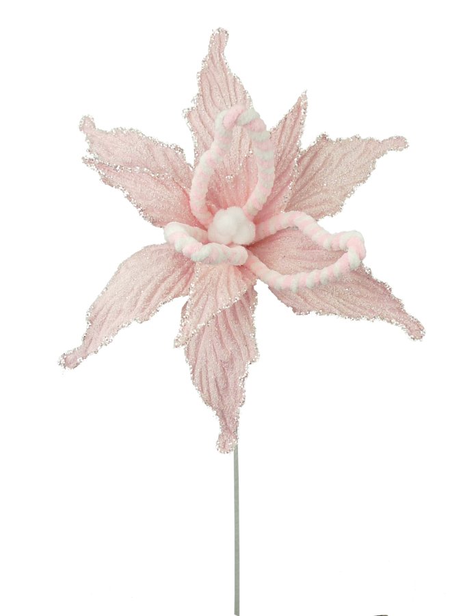Snowy Pink Peppermint Poinsettia Stem 22" - 84585PKWT - The Wreath Shop