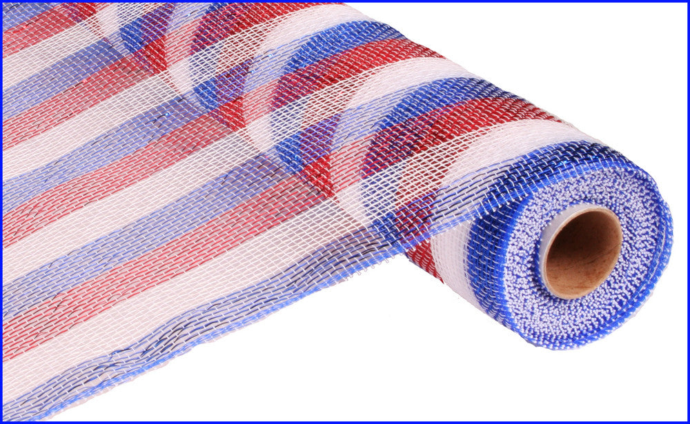 21" Deco Poly Mesh: Metallic Red White Blue Striped Patriotic - The Wreath Shop