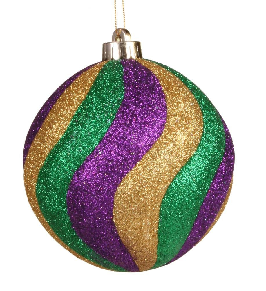 100mm Mardi Gras Wide Swirl Strips Ball Ornament